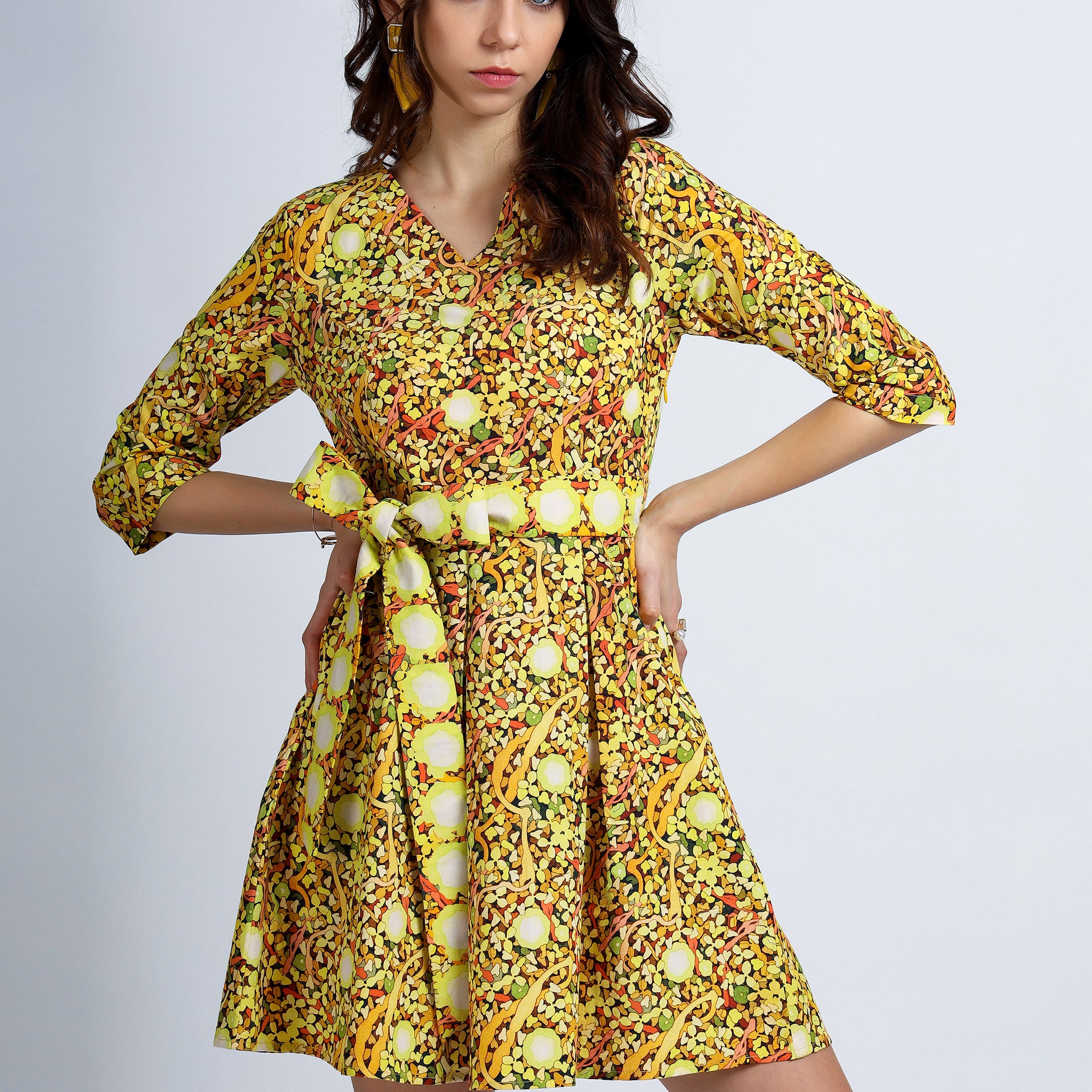 Golden Flow Knot Dress with Belt
