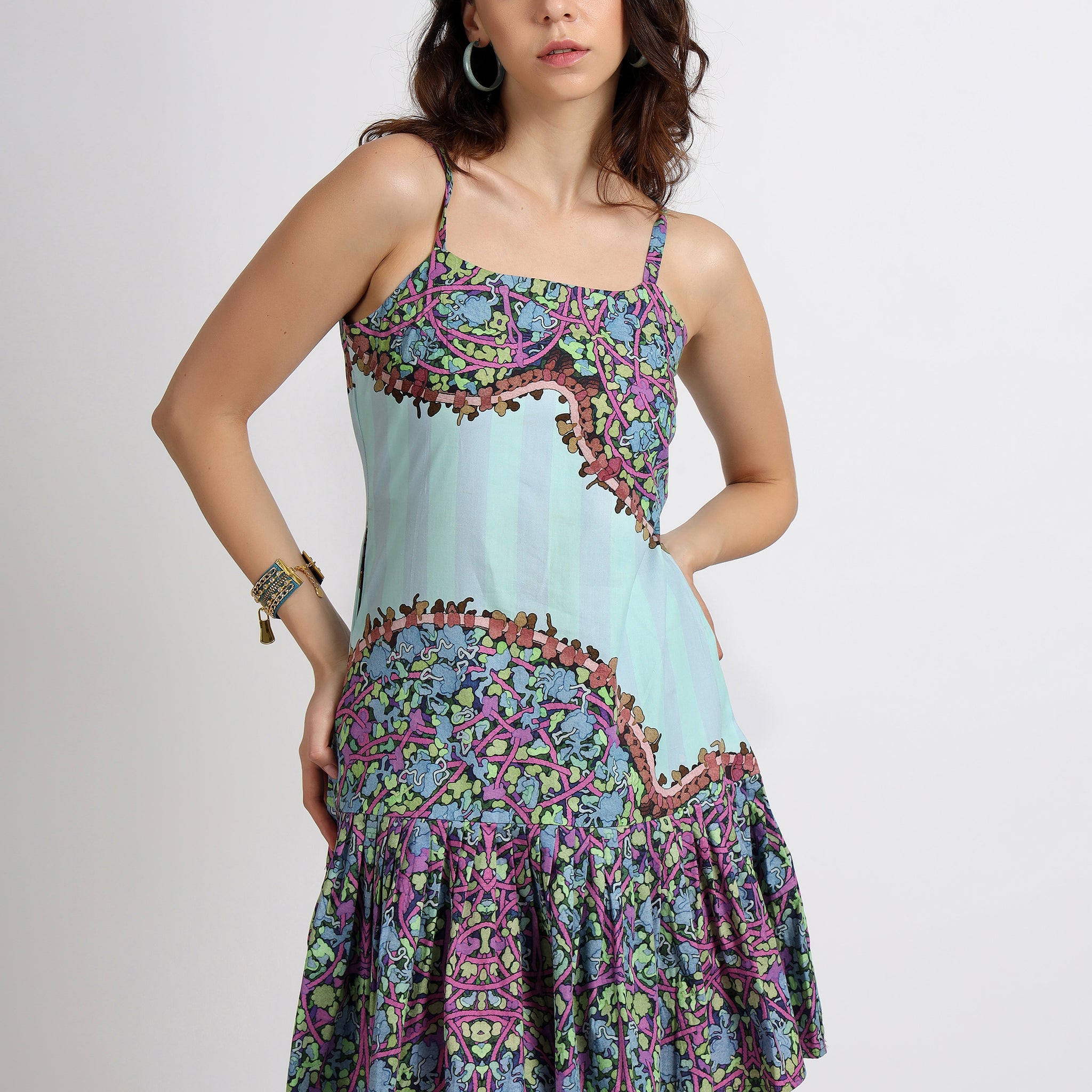 Pulse Bloom Pleated Strap Dress